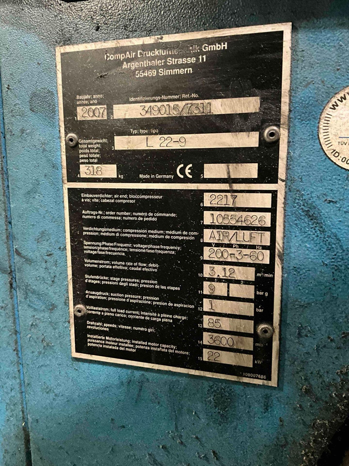 2007 COMPAIR COMPRESSOR MODEL L 22-9 - Image 7