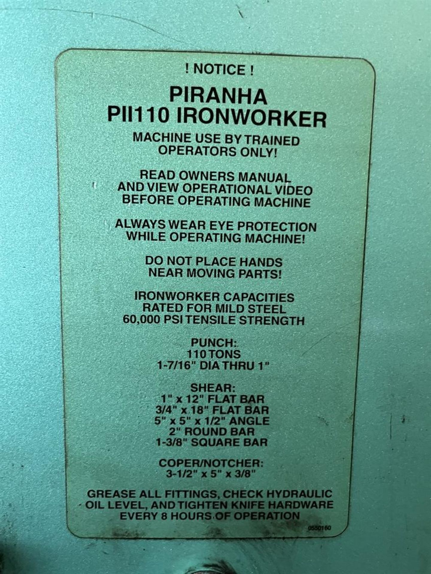 PIRANHA PII110 110 Ton Hydraulic Ironworker, s/n PII110-194, Dual Operation, 20.5” Throat, 7” Stroke - Image 9