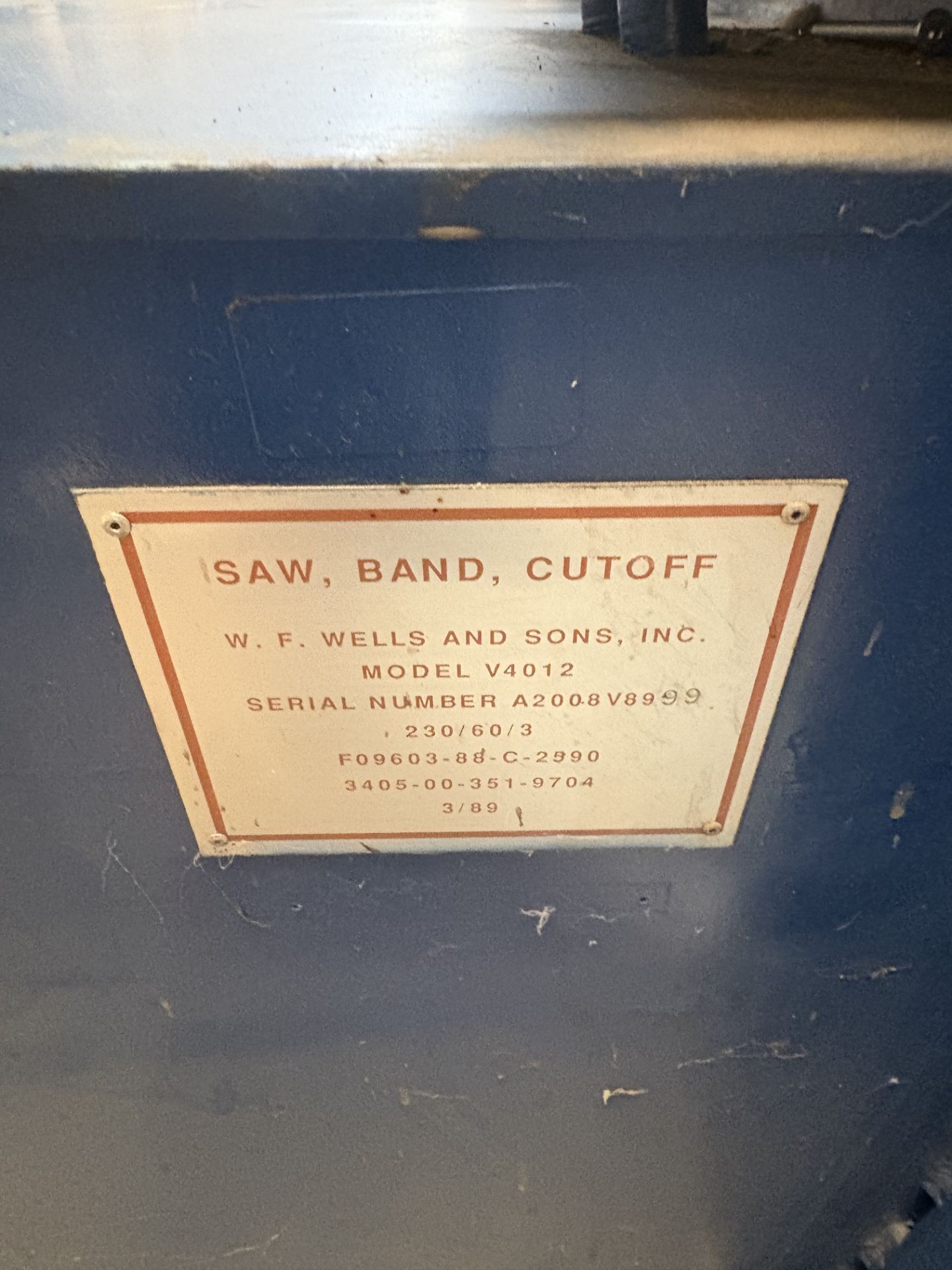 W.F. Wells And Son, Inc Vertical Bandsaw Mdl.V4012 Blade Size 1/8 1” Length 190”-195” - Image 4